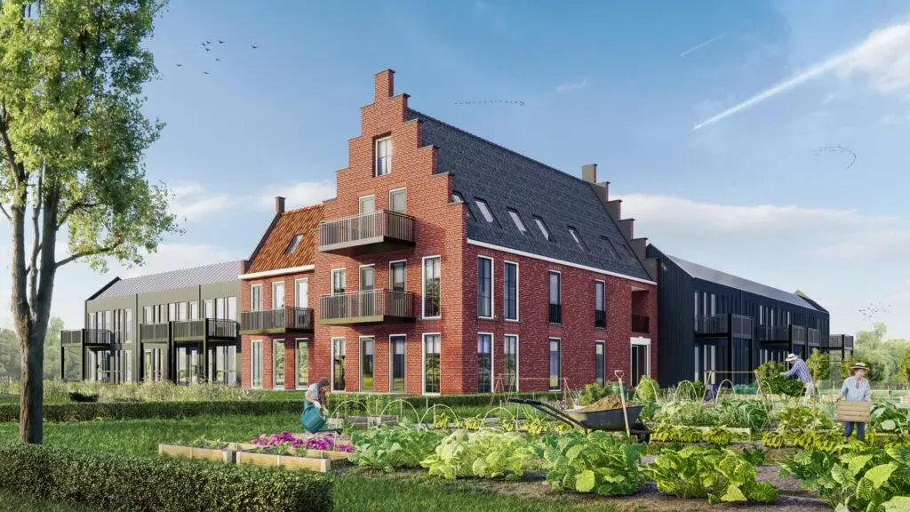 Terras bij een woning in de avond, met een vuurschaal