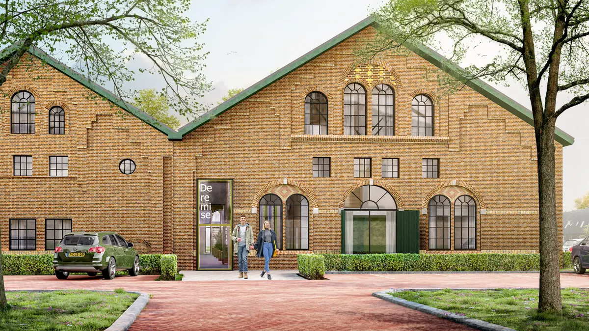Impressie van nieuwbouwproject De Remise in Stiens, een bakstenen pand met boogramen