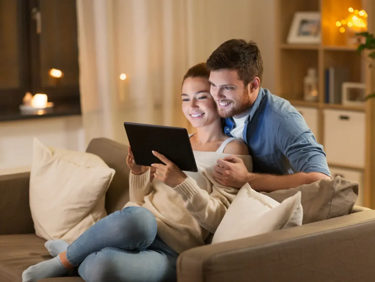 Stel op de bank kijkt samen op een tablet naar woningen